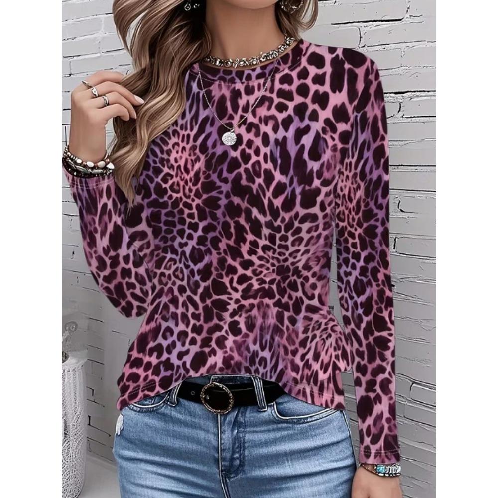 Tops for Women Leopard Print Print Round Neck Long Sleeve T-shirt Fall Casual Slim Pullover Women's Long Sleeve Top