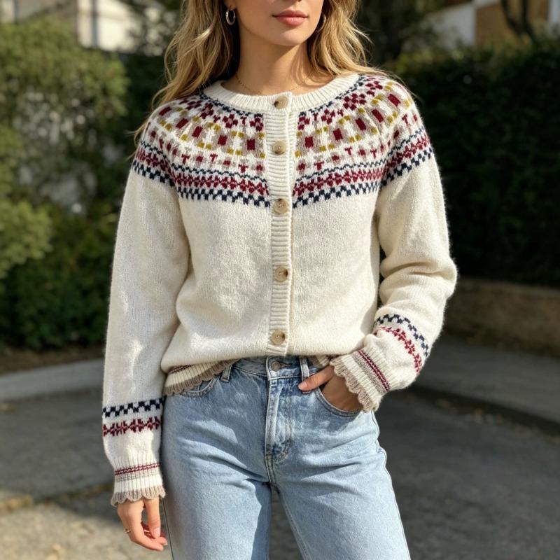 Korean Lazy Style Fair Isle Knitted Cardigan Loose Round Neck Long Sleeve Sweater