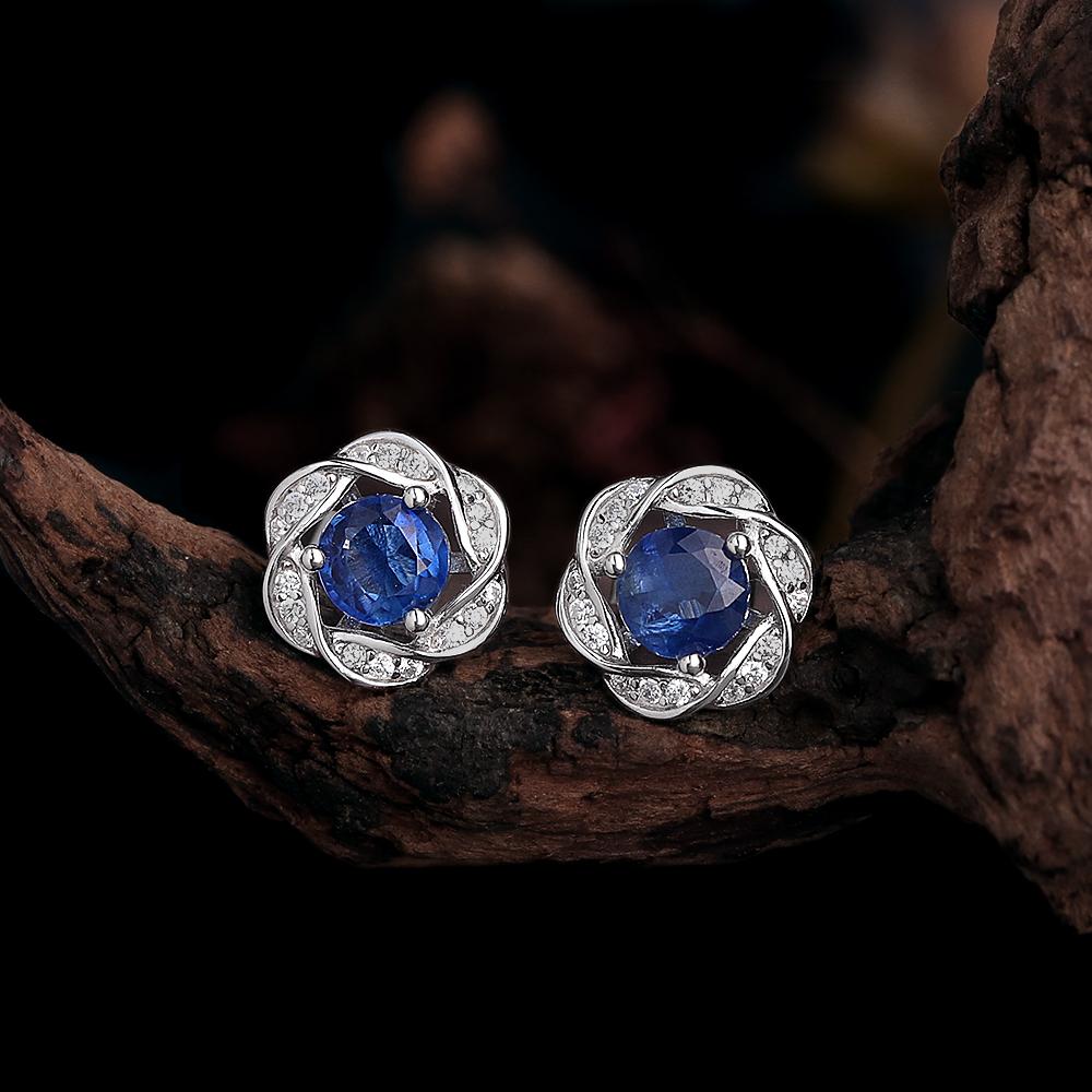 925 Sterling Silver Flower Shape Women's Earrings Natural round 5.0mm Kyanite "Wisdom Stone" Fine Jewelry For Birthday Gifts