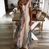 Women Plus Size V Neck Short Sleeve Abstract Printed Black White Khaki Straight Maxi Dress