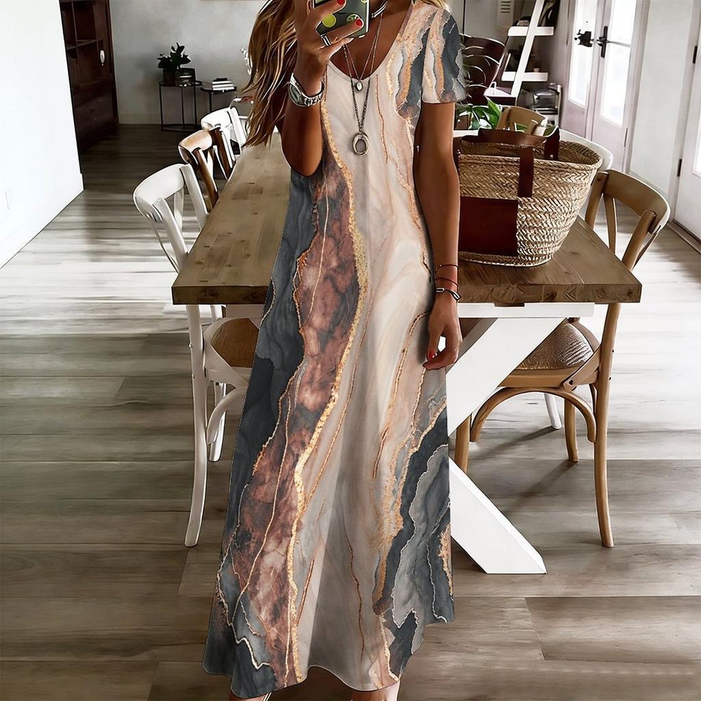 Women Plus Size V Neck Short Sleeve Abstract Printed Black White Khaki Straight Maxi Dress