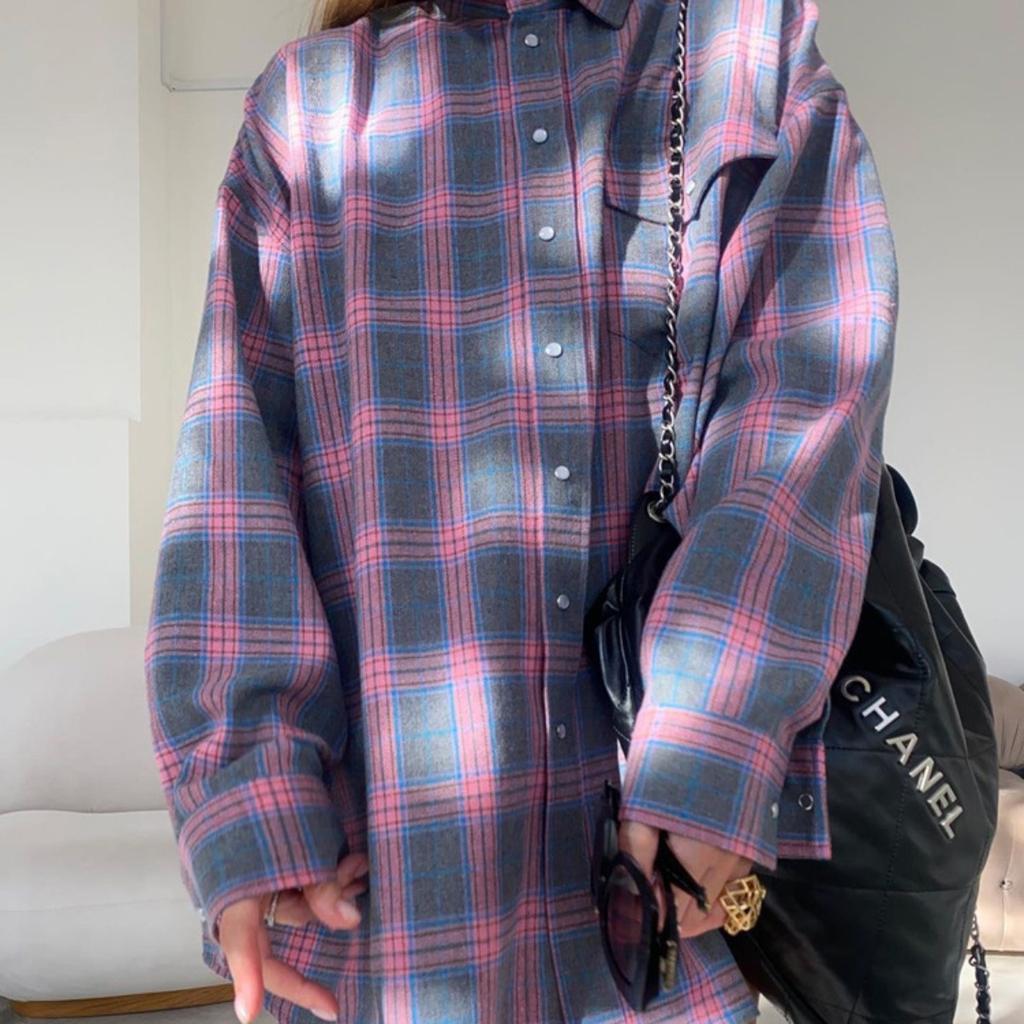 Women's Point Collar Long Sleeve Plaid Shirt Loose Fit Streetwear Blouse With Chest Pocket Spring Casual Oversized Tunic Shirt