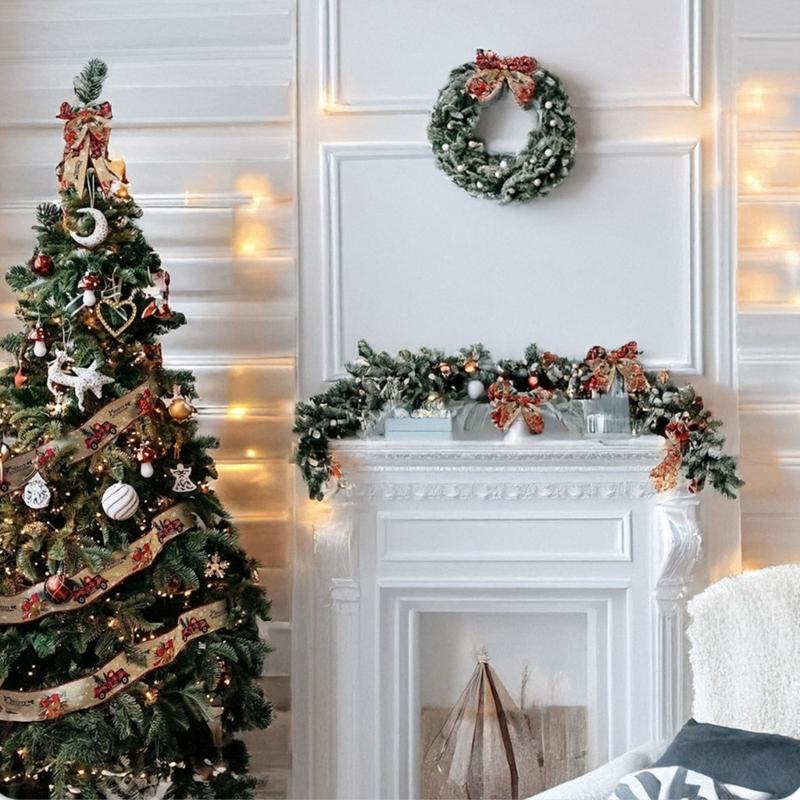 2 Rolls Bucolic Burlap Style Ribbon With Santa Sleigh Bells Holiday Homes Decoration Accessories