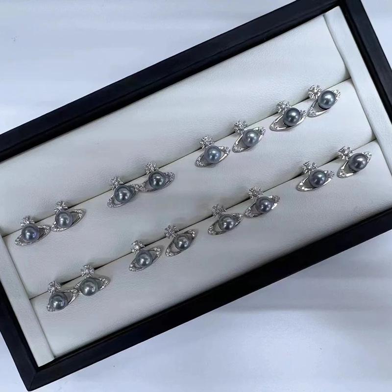 Akoya Saltwater Madama Pearl Stud Earrings, Saturn Empress Dowager Style, Silver Blue Undyed Pearl Jewelry