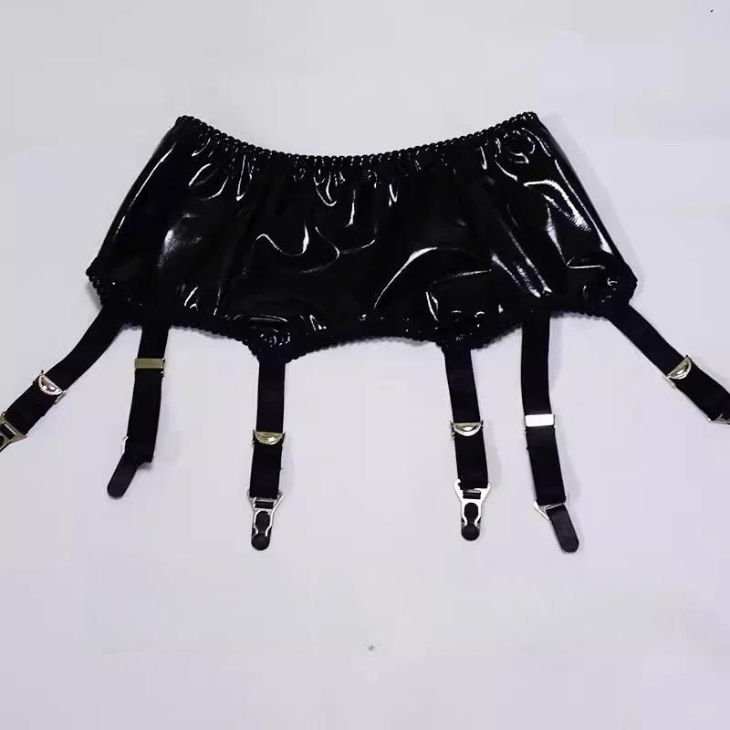 Seksowne Goth Metaliczne Błyszczące Lakierowane Skórzane Tylne Zapięcie Połączenie Pończochy Pas do Pończoch Damska Erotyczna Bielizna Sex Taniec Sm
