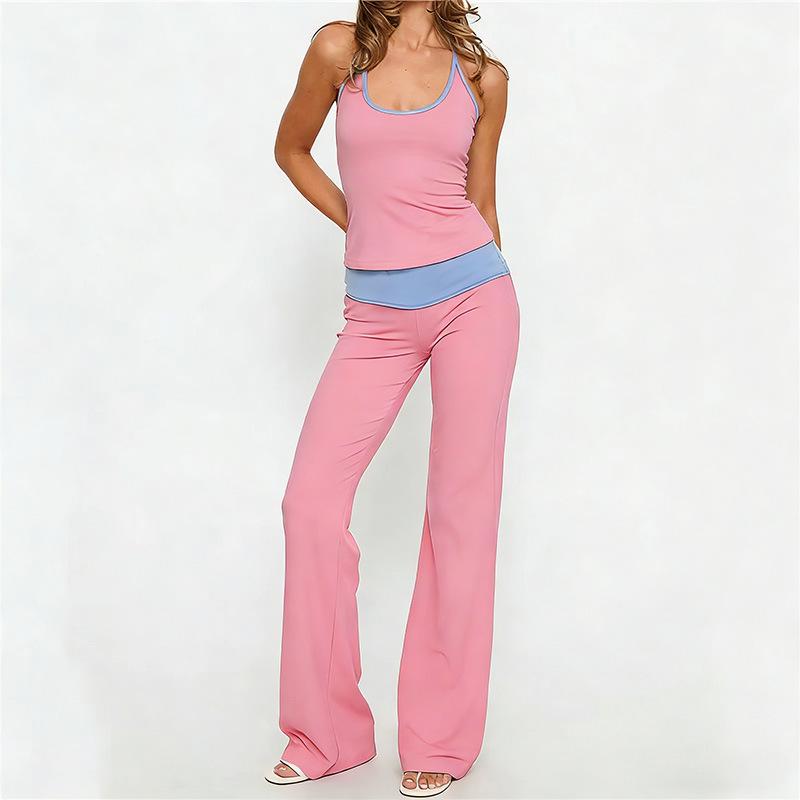

Korean Style Spicy Crop Top & Skinny Pants Set for Women - Color Block, Halter, Low-Rise, Two-Piece, Spring/Summer Fashion Large рожевий
