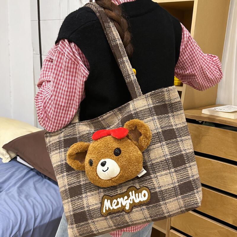 Bear Shoulder Bag Women's Bag Vintage Plaid Tote Bag