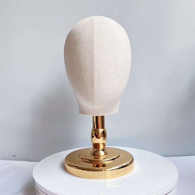 Burlap Head Mold with Gold & Silver Base - Short Neck Fabric-Wrapped Hat & Wig Display Stand
