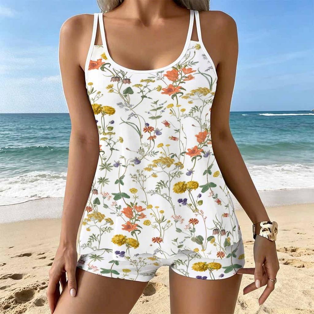 Women's Swimwear Tankini 2 Piece Swimsuit  Scattered Small Floral Fragments Pattern Vacation Bathing Suits