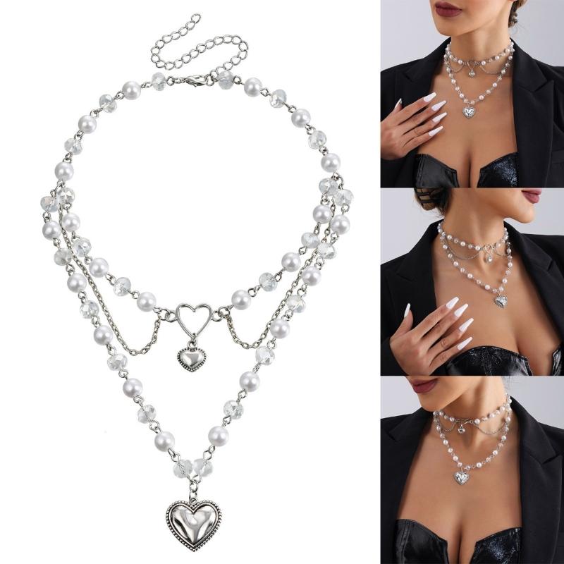 Elegant Imitation Pearls Necklace Love Heart Pendant Clavicle Chain Multilayer Collarbone Chains Jewelry for Women Girls