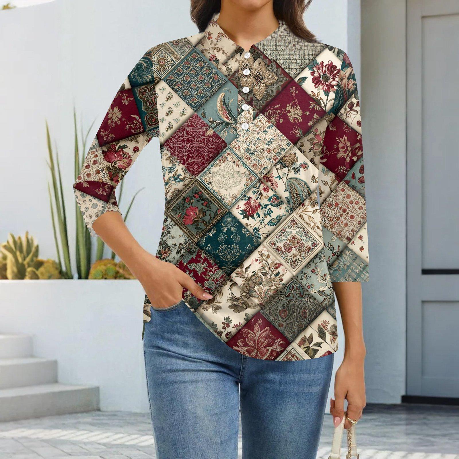 

Женская модная повседневная рубашка с лацканами и рукавом 3/4 с принтом, женские топы на пуговицах L винный