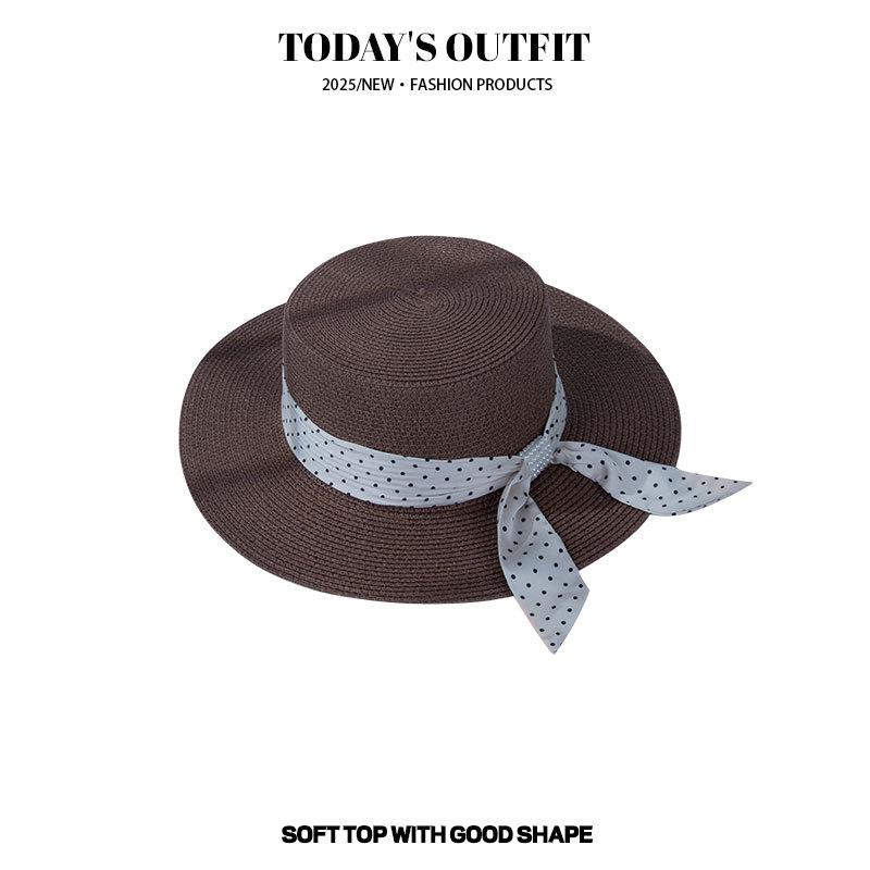 

Летняя Соломенная Шляпа с Плоской Тульей и Клетчатым Бантом Женская Весенняя Пляжная Шляпа Защита от Солнца