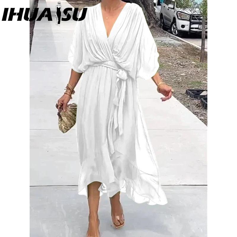 

IHUASU Женская мода Лето Весна Однотонный принт V-образный вырез Завышенная талия Повседневные платья XXXXXL белый