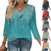 Women's Print Top Button-down V-neck T-shirt 3/4 Sleeve Loose Fashion Top