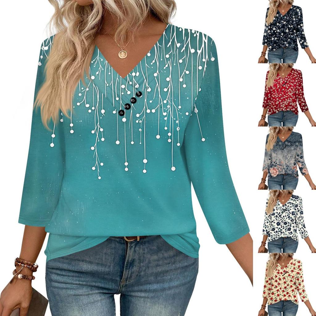 Women's Print Top Button-down V-neck T-shirt 3/4 Sleeve Loose Fashion Top