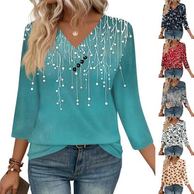 Damen Print Top Knöpfe V-Ausschnitt T-Shirt 3/4 Ärmel Locker Mode Top