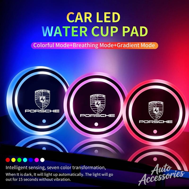 2Pcs LED Luminous Car Water Cup Coaster Holder 7 Colorful USB Charging For Porsche Boxster Cayman Cayenne 911 718 Macan Panamera KP1