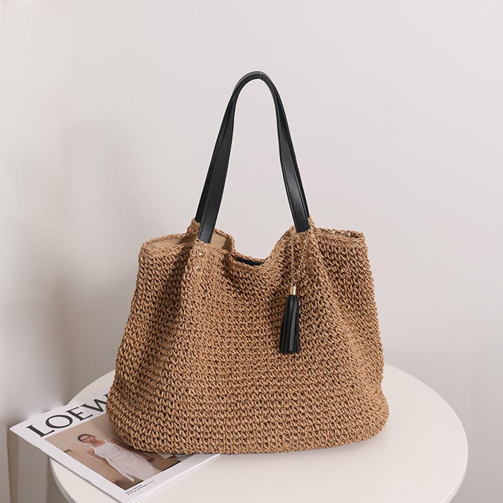 WISHOW Women's Straw Tote Bag with Tassel, Large Capacity, Perfect for Commuting, Beaches, and Resorts (Brown)