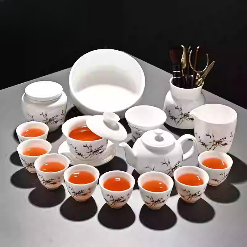 Goat Jade Tea Set Kung Fu Set Chinese Light Luxury Tea Calendars Teacups Office White Porcelain Teapot Covered Bowl Set