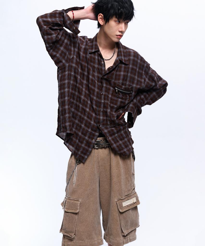 Aleseueseussi Rivet Zipper Check Shirt - Brown