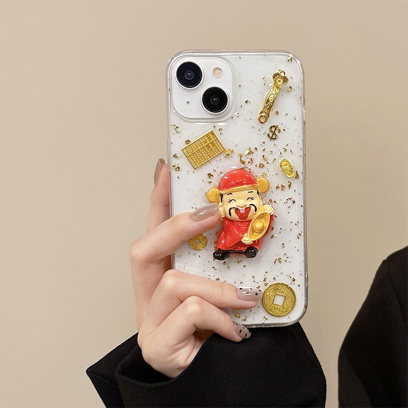 New Year Money Tree God of Wealth Transparent Phone Case for iPhone 16 Pro Max/17 with Epoxy Ingots Design