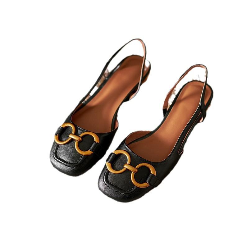 2024 Spring/Summer Women's Retro Peep-Toe Sandals with Metal Buckle and Low Block Heel