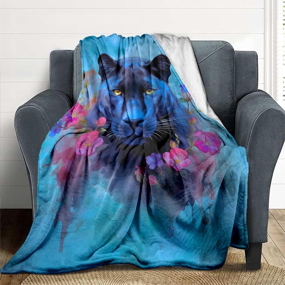 1pc Panther Floral Artwork Blanket Lightweight Flannel Blanket Throw Blanket For Sofa, Bed, Travel, Camping, Livingroom, Couch, Chair, And Bed yy25090 100x150cm