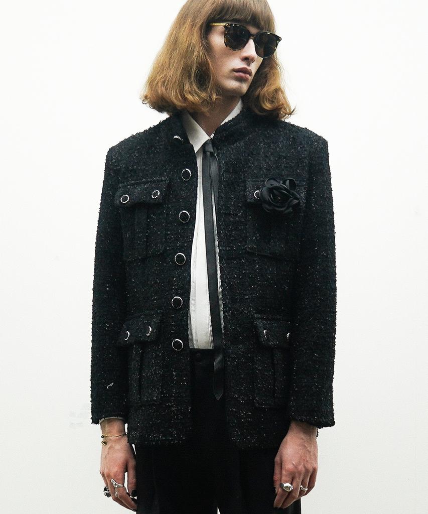 Untage Lame Boucle Tweed Field Jacket (Black)_Uto-Fb48