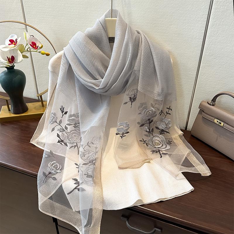 Simulation Silk Handmade Embroidered Scarf Spring And Autumn High-End Foreign Silk Scarf Femininity Easy To Match Decorative Shawl