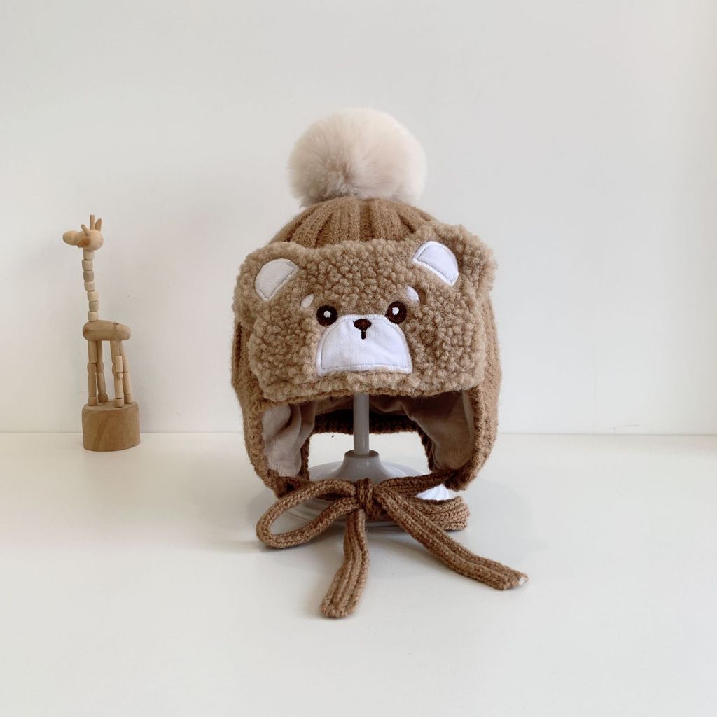 Baby Winter Knit Earmuff Hat With Cute Bear Design For Cold Weather Warmth коричневый