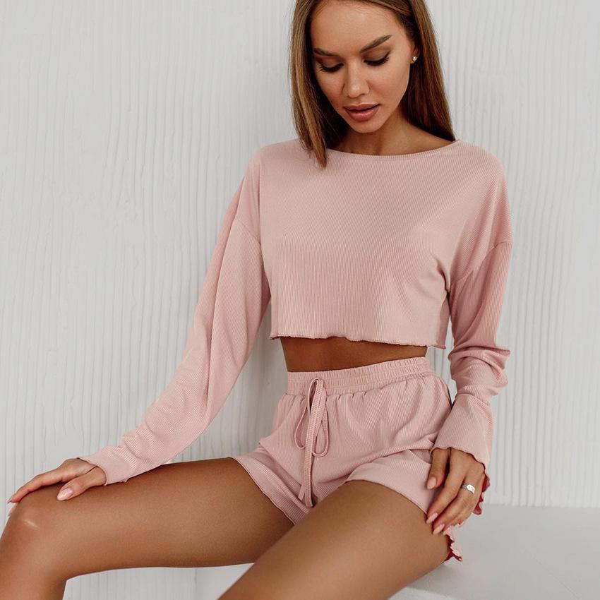 2025 Summer Knit Ribbed Long Sleeve Pajama Set for Women - Comfortable Homewear