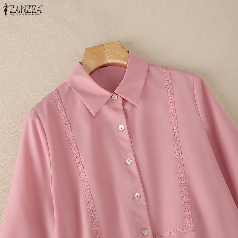 ZANZEA Women Casual Turn Down Collar Loose 3/4 Sleeve Splice Blouse
