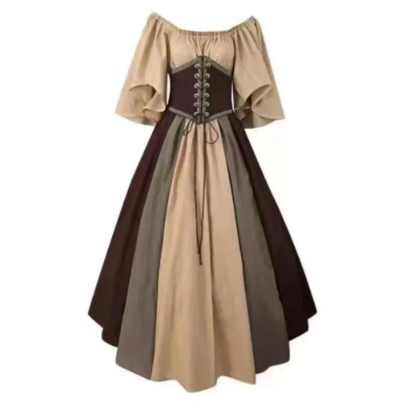 Halloween Costumes for Women Medieval Retro Contrasting Color Slim Swing Dress One-word Shoulder Dress Love Live Cosplay