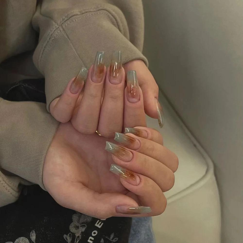 10Pcs Handmade French Gradient Cat Eye Press On Nails With 3D Butterfly Diamond Flowers Long Coffin Almond Shape