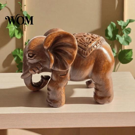 Traditional Chinese Craft Elephant Figurine Ornament, Resin Wood Grain Statue, Auspicious Entryway Decorative Accent Animal Sculpture for Home Office