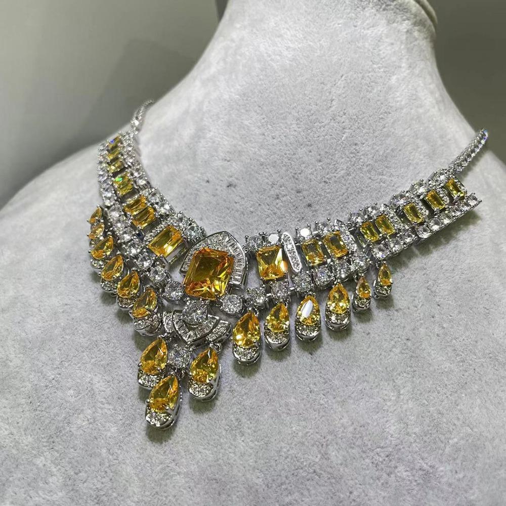 Royal Blue Sapphire Necklace Wedding Party Pink Diamond Set Light Luxury Yellow Diamond Jewelry for Women