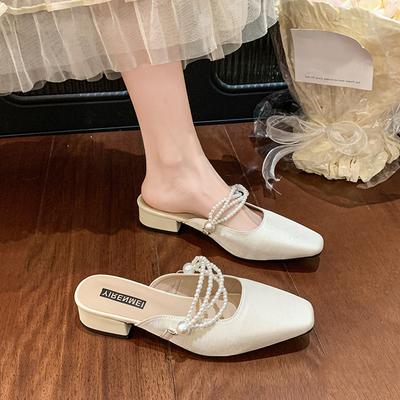 Fashion Female Shoes Ladies' Slippers String Bead Luxury Slides Square Heel Cover Toe 2025 Designer Block Fashion Sweet Square Heel Cove