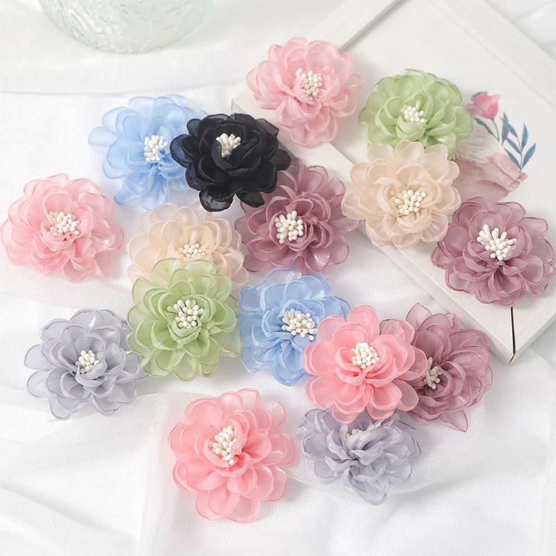 2/5/10Pcs 5cm Organza Chiffon Fabric Flowers DIY Wedding Dress Clothing Shoes Hats Decoration Hairpin Jewelry Accessories