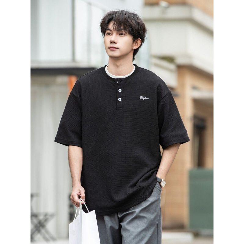 Wassup Summer New Heavy-Weight College Style Polo Shirt Japanese Retro Loose Half-Sleeve Henley Collar Unisex T-Shirt