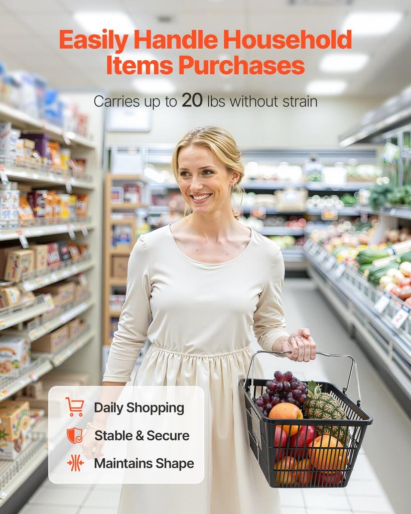 Shopping Baskets, 12 PCS, 21L Stackable PE Plastic Grocery Baskets with Handles, Dense Mesh Structure, Holds up to 9.07kg, Portable for Grocery,