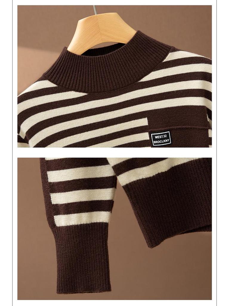 2025 Women’s Korean Style Striped Half High Neck Knitted Pullover Sweater