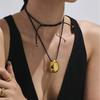 Glossy Droplet Pendant Long Necklace In 18k Gold Plated Stainless Steel Black Leather Rope Sweater Chain Necklaces For Women