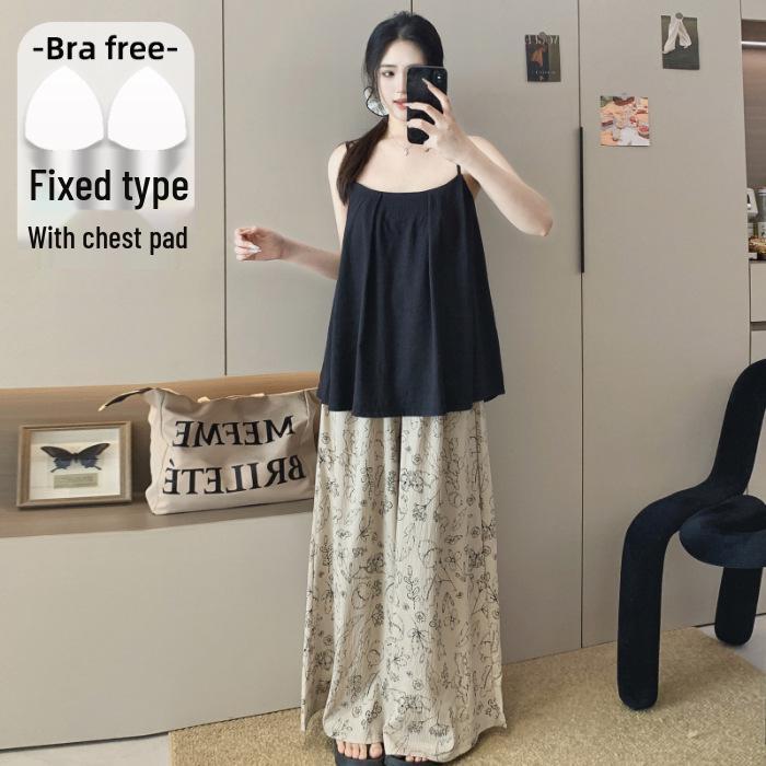 

Korean Style Spaghetti Strap Cotton Pajama Set for Women - Summer Fashion Wide Leg Pants, Sweet and Versatile for Home or Outdoors. XXL