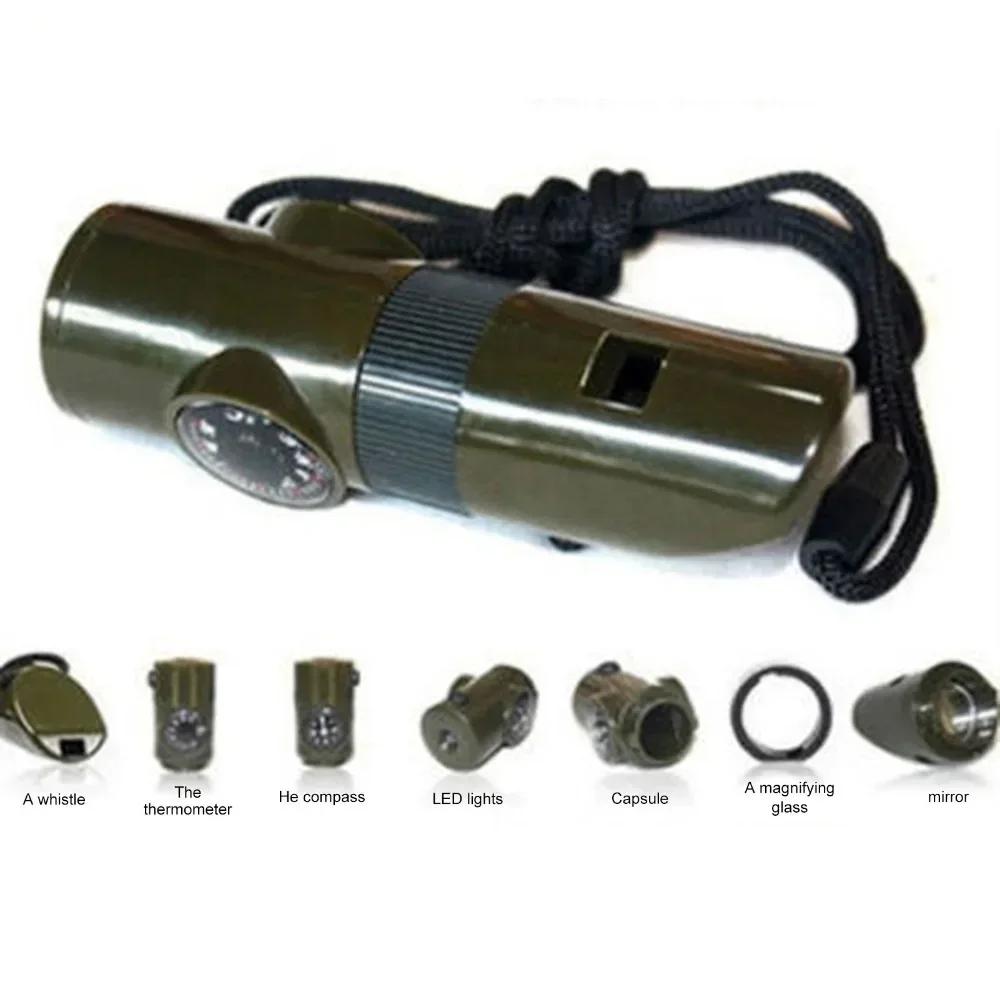 7 In 1 Jungle Survival Whistle Hiking Whistle Compass Mirror Flashlight Magnifier LED Light Thermometer Storage Compass Tool