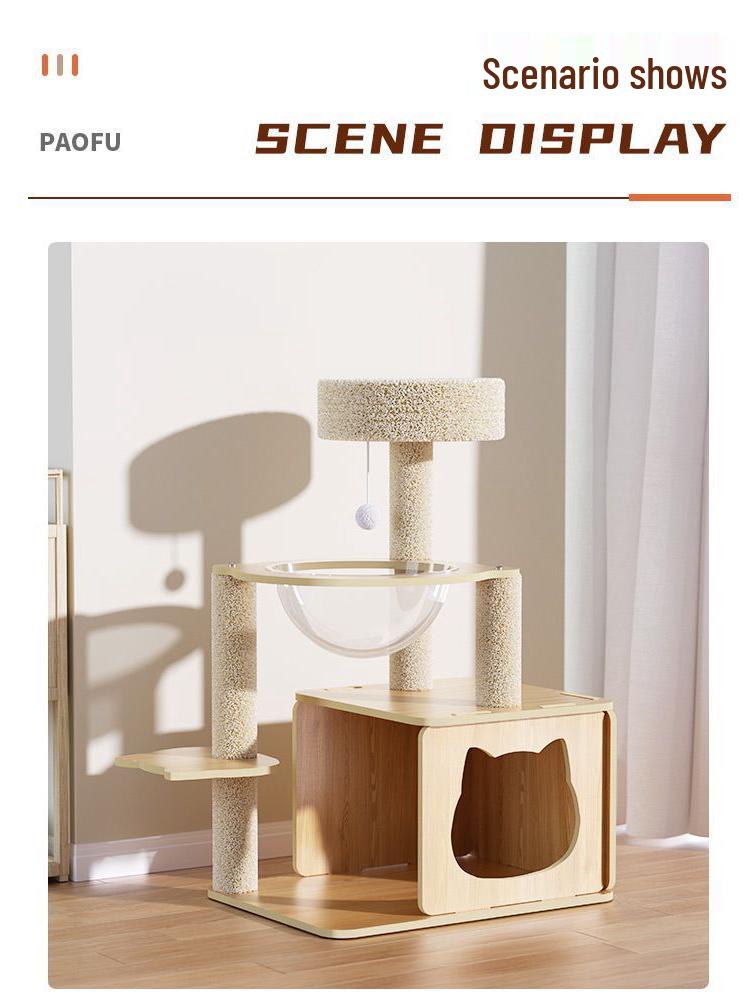 Space-Saving Cat Climbing Frame & Bed Villa with Toy Capsule, Floor-to-Ceiling Post, and All-Season Platform.