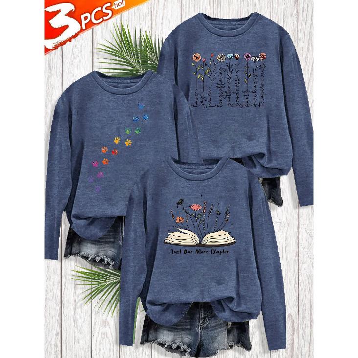 3Packaged footprints Flower Book print fashion retro style women's spring, summer, autumn, winter vintage sports style top with round neck and long