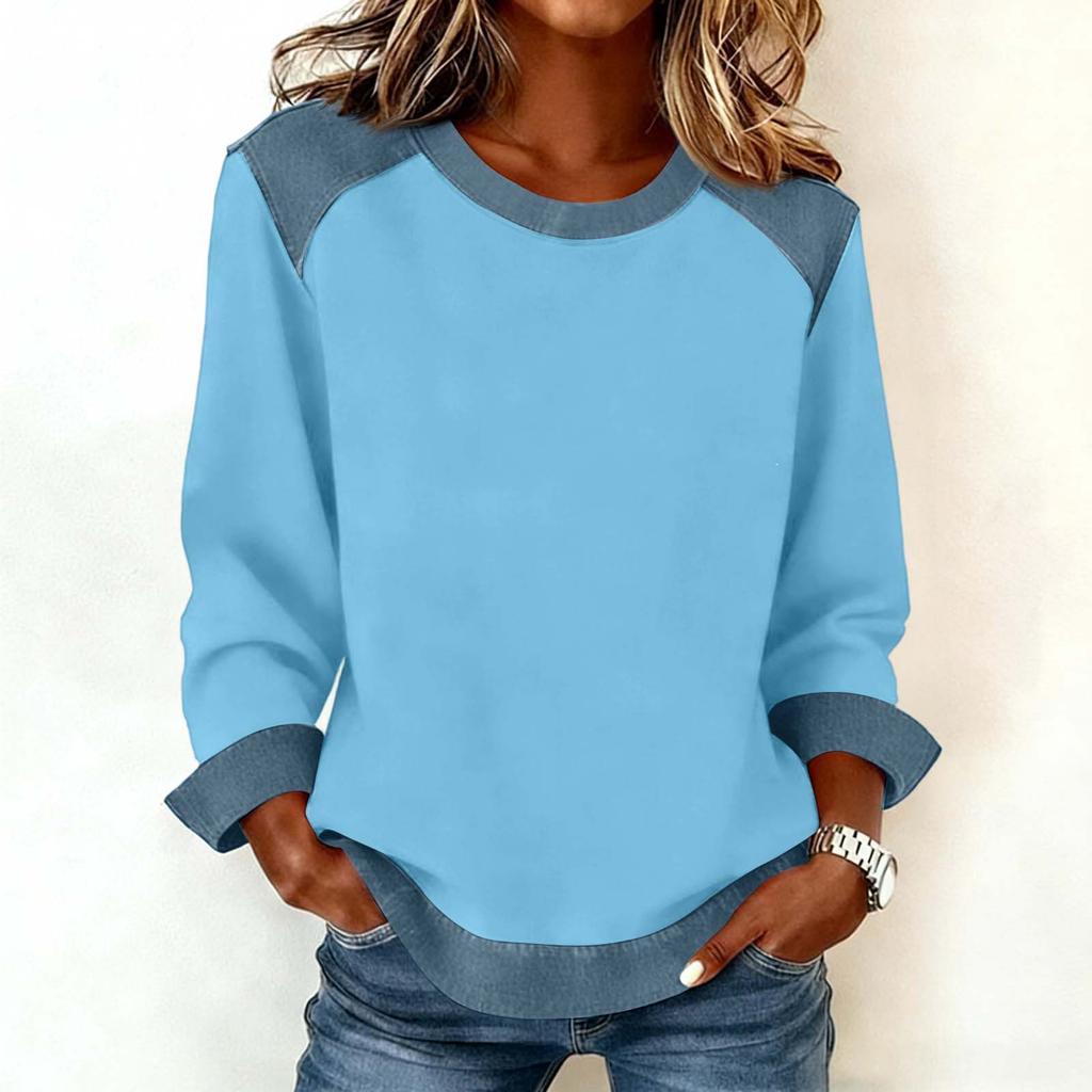 Damen Jeanskragen Patchwork Nähte Sweatshirt Lässig Pullover Langarmshirts