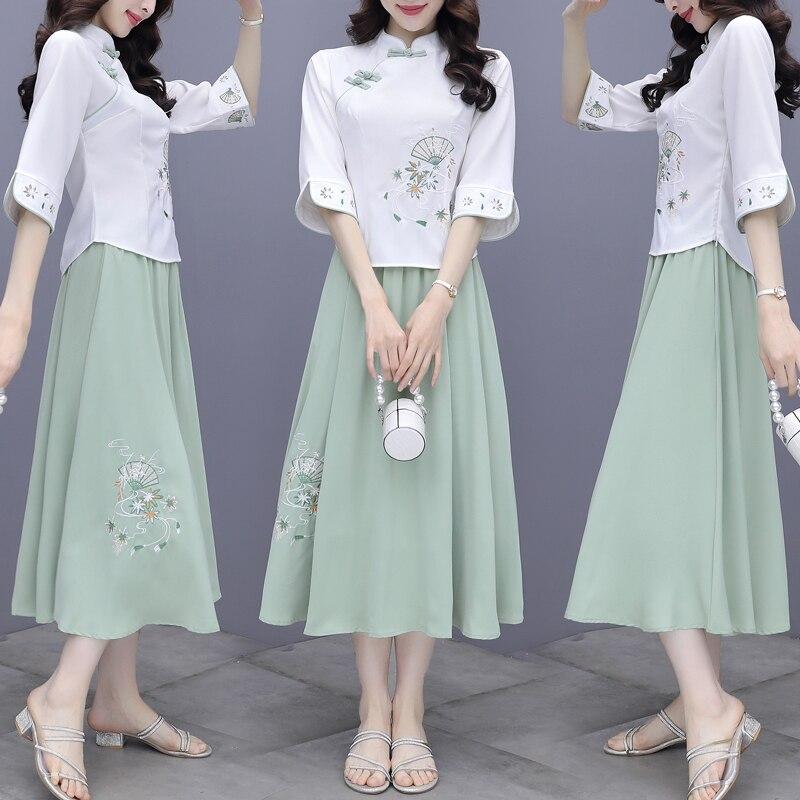 Vară stil chinezesc femei îmbunătățite Cheongsam două piese top fuste seturi de artă broderie