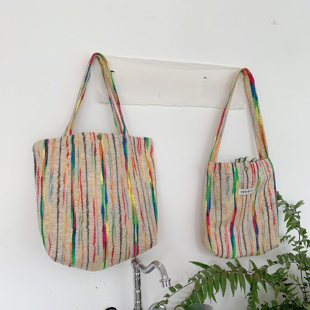 Trendy Street Style Canvas Tote Bag Colorful Stripes Medium Shoulder Bag