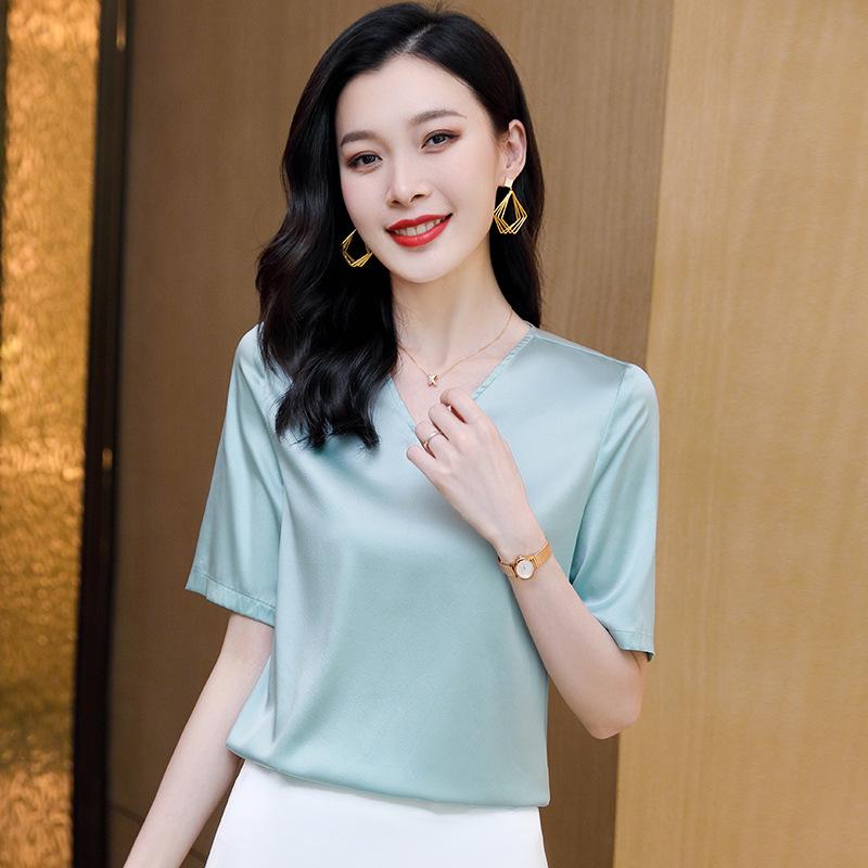 Women's Heavyweight Silk Short Sleeve Blouse - Summer Round Neck Loose Fit, Half Sleeve, Mulberry Silk